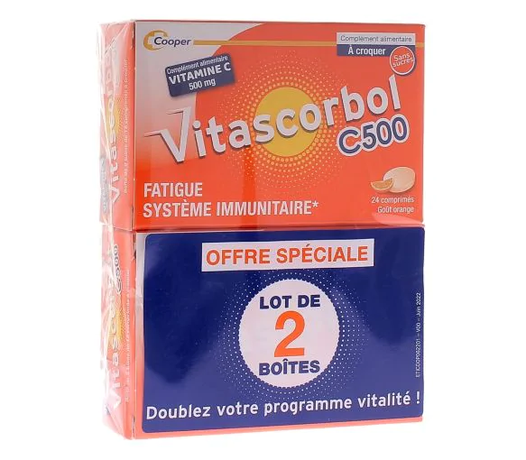 Vitascorbol Vitamine C sans sucre 500 mg - lot de 2 boîtes de 24 comprimés