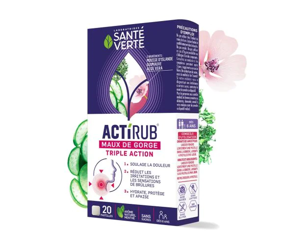Actirub maux de gorge triple action Santé Verte - boite de 20 pastilles