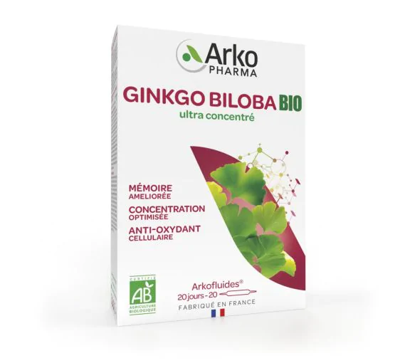 Arkofluides Ginkgo Biloba mémoire concentration bio Arkopharma - boite de 20 ampoules