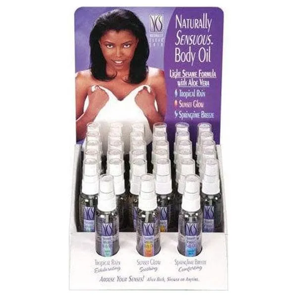 Naturally Sensuous Body Oil Display - Tropical Rain, Sunset Glow, Spring Time Br