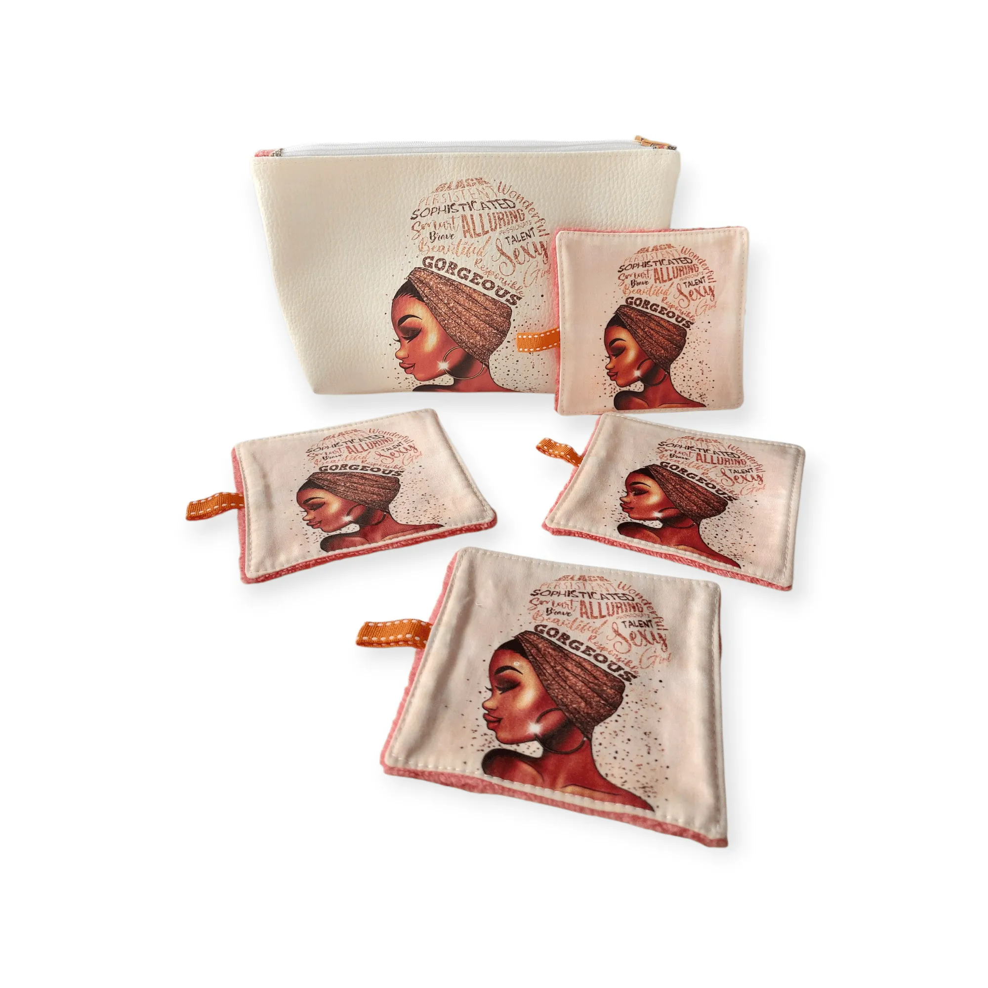 Trousse de toilette zippée - Motif  Africaine - Écru et Brun - Avec 4 lingettes lavables et réutilisables