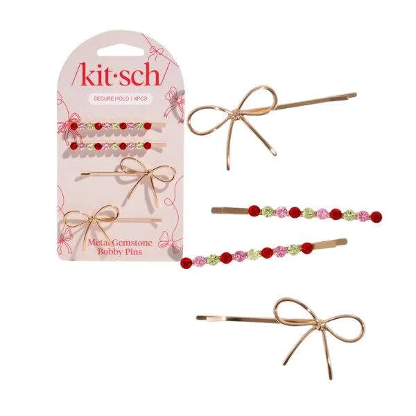 kitsch Holiday Gemstone and Bow Bobby Pins 4pc Set
