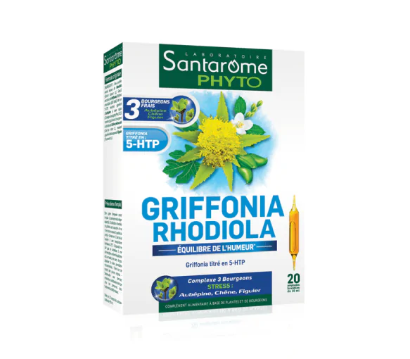 Griffonia rhodiola bio équilibre de l'humeur Santarome - boite de 20 ampoules