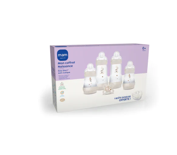 Mon coffret naissance Easy start anti-colique MAM - 4 biberons + 1 sucette + 1 boite doseuse offerte