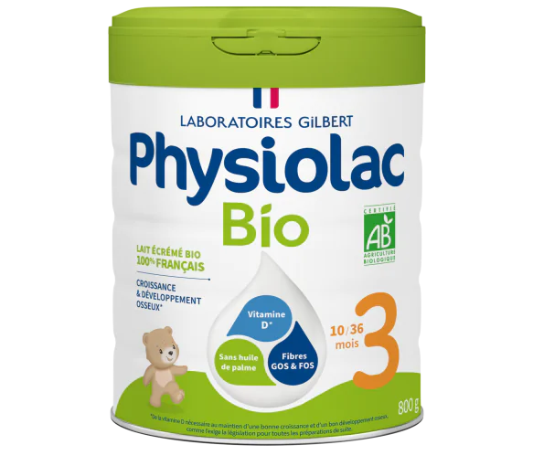 Lait en poudre bio 3ème âge croissance 10 mois à 3 ans Physiolac - pot de 800 g