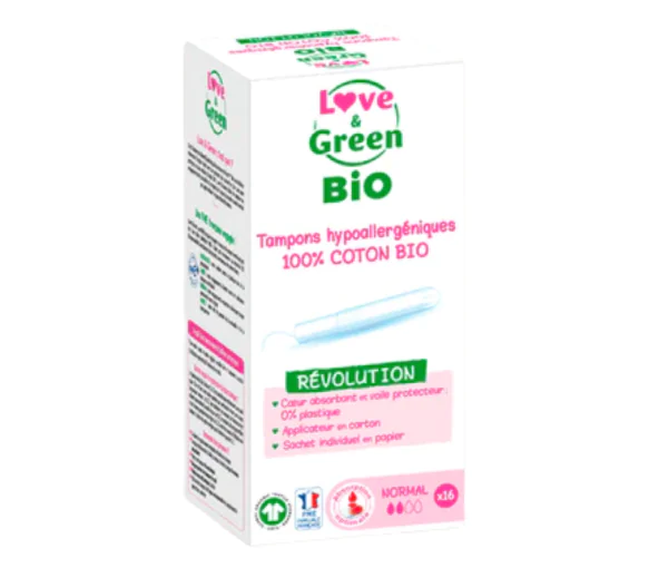 Tampons hypoallergéniques flux légers à modérés Love&Green - boite de 16 tampons