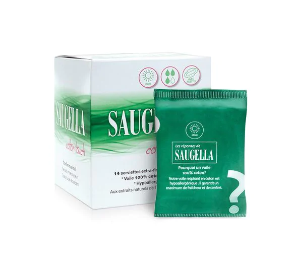 Cotton touch serviette extra-fine avec ailettes jour Saugella - boite de 14 serviettes