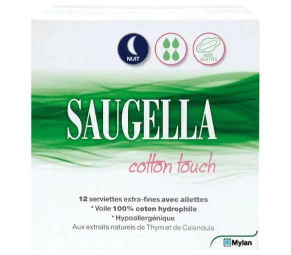 Cotton touch serviette extra-fine avec ailettes nuit Saugella - boite de 12 serviettes