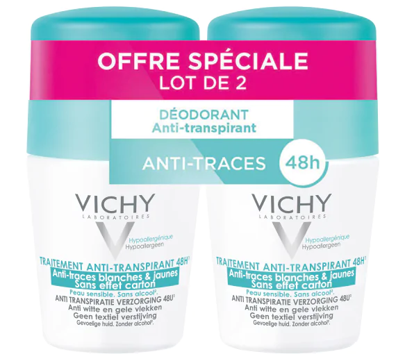 Déodorant anti-transpirant 48h anti-traces blanches & jaunes Vichy - lot de 2 roll-on billes de 50 ml