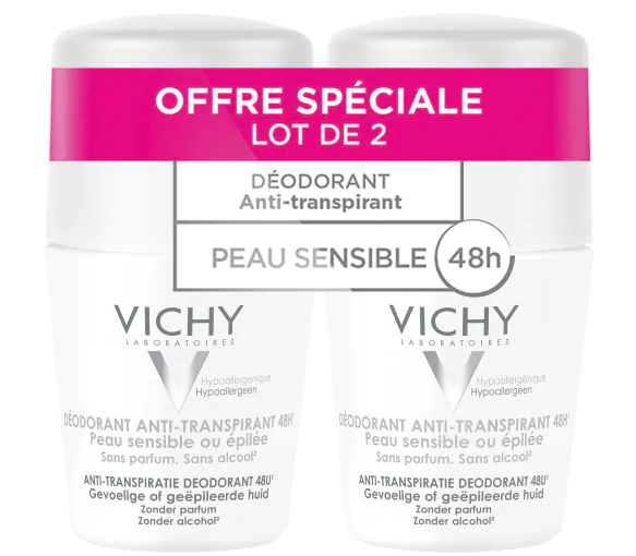 Déodorant anti-transpirant 48h peau sensible ou épilée Vichy - lot de 2 Roll-on bille de 50 ml